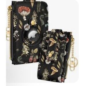 Airtag Women's Wallet Bifold Credit Card Holder Keychain Black Floral Mushrooms
